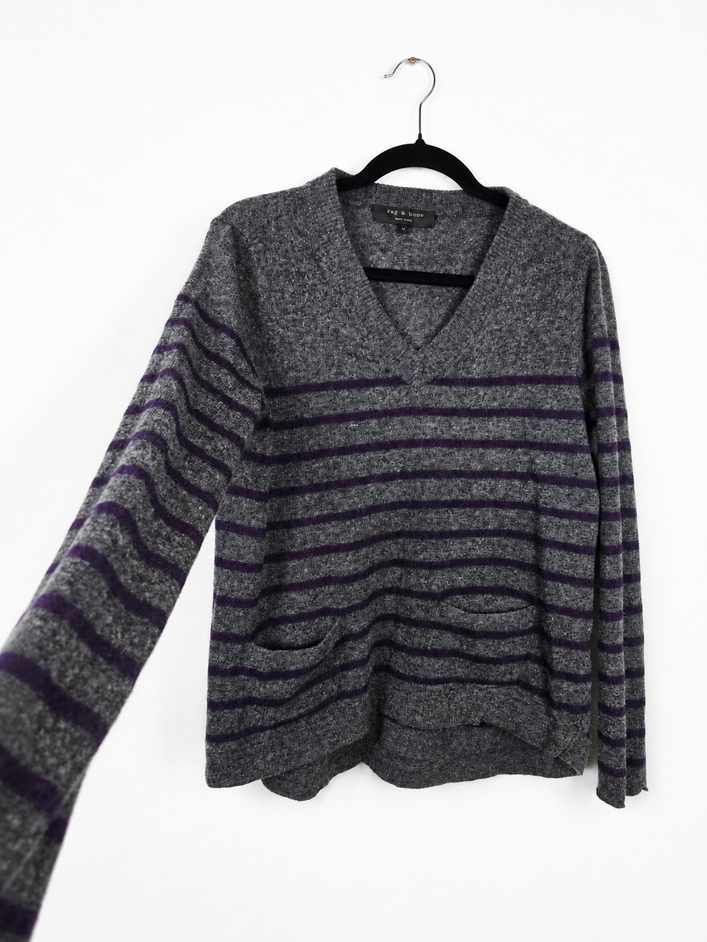 Rag & Bone Wool Cashmere Stripe V Neck Pocket Sweater Gray Purple Medium